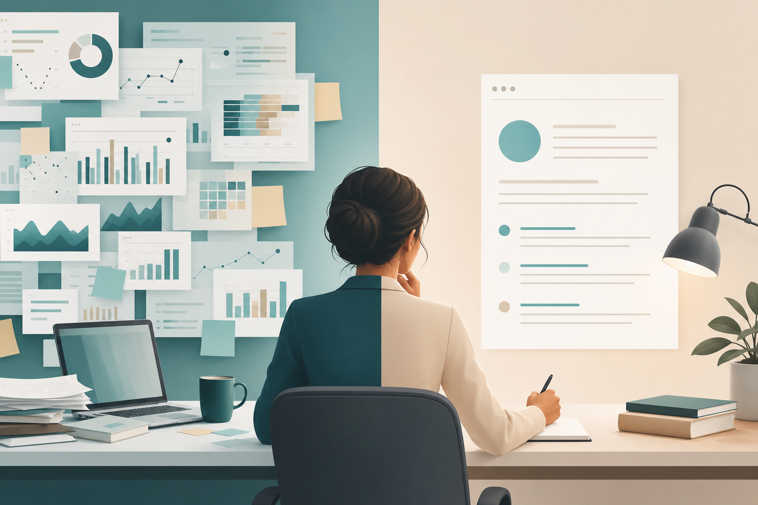 A media director reviewing a campaign story summary that replaces a cluttered BI dashboard