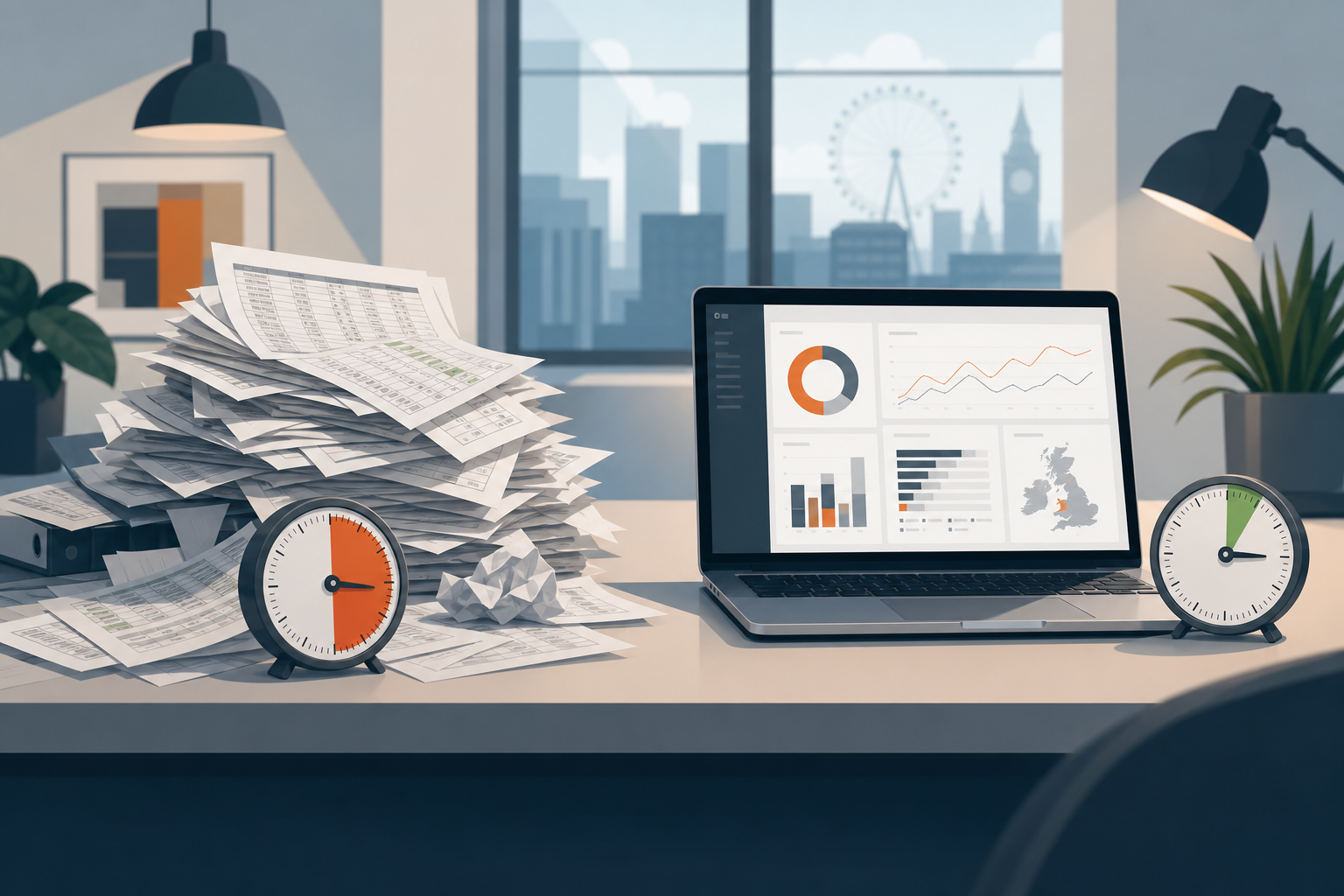 A media planner's desk with a clock showing time saved, surrounded by scattered campaign report printouts and a single clean dashboard