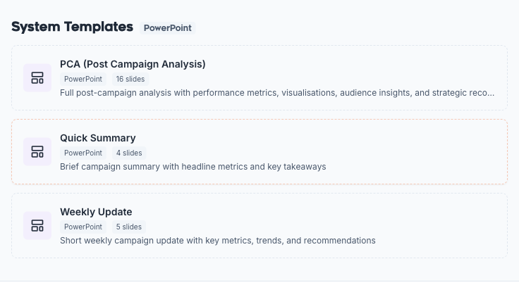 Media Ridge export templates library: PCA, Quick Summary, and Weekly Update PowerPoint templates with slide counts
